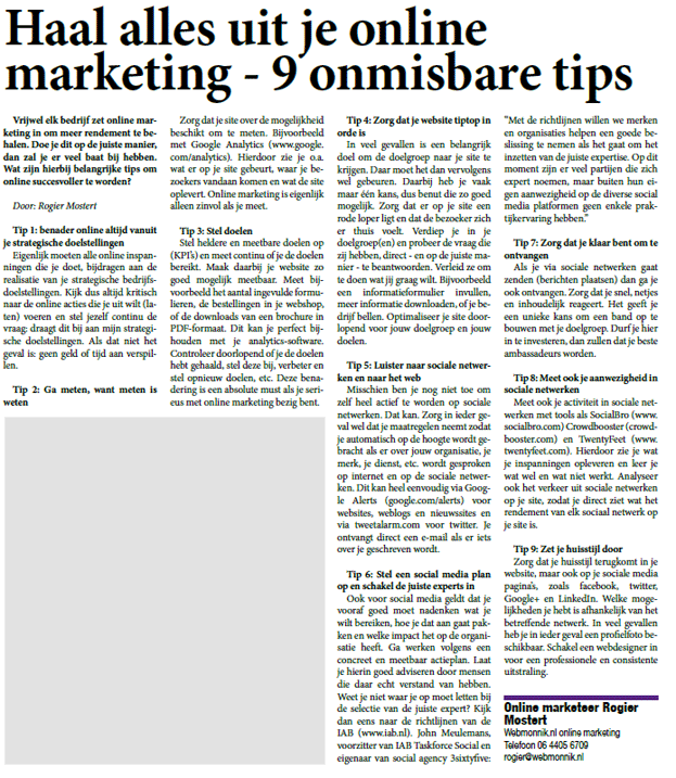 Online marketing tips in de Ondernemers Krant Haarlem