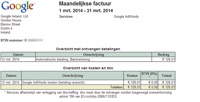 Factuur AdWords