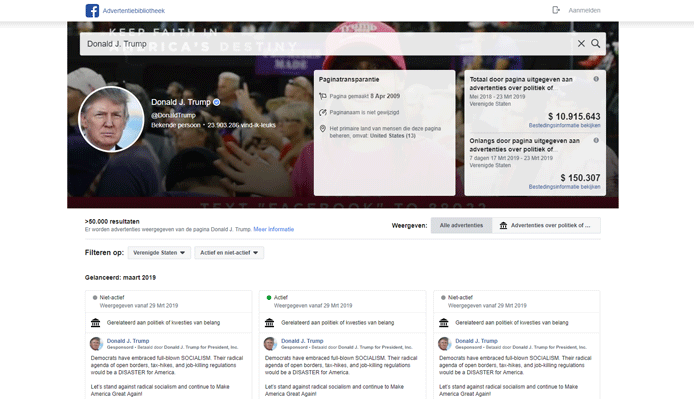 Informatie over de officiële facebook pagina van President Donald J. Trump